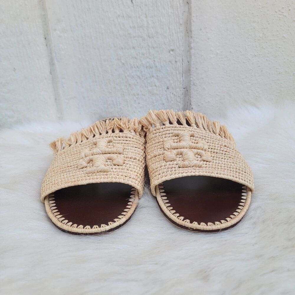 Tory Burch Eleanor Raffia Woven Beige Fringe Slide Sandal Sz 9 Beachy Coastal